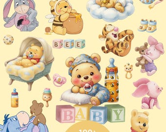 100+ Baby Winnie the Pooh Watercolor PNG Bundle, Pooh Bear Clipart, Baby Shower Sublimation Tigger, Eeyore, Piglet Kids, Winnie the Pooh Png