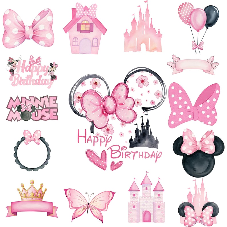 100+ Minnie Mouse Watercolor Clipart Bundle PNG, Minnie Mouse Clipart, Baby Minnie Mouse Birthday Party Clipart, Cute Pink Characters PNG image 4
