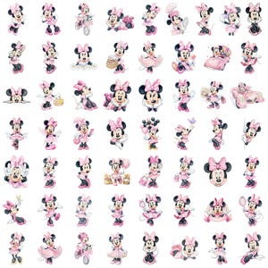 May include: A collection of numerous Minnie Mouse stickers featuring the character in various poses and outfits, predominantly in shades of pink, white, and black. Each sticker displays the character with her signature bow, dress, and shoes.