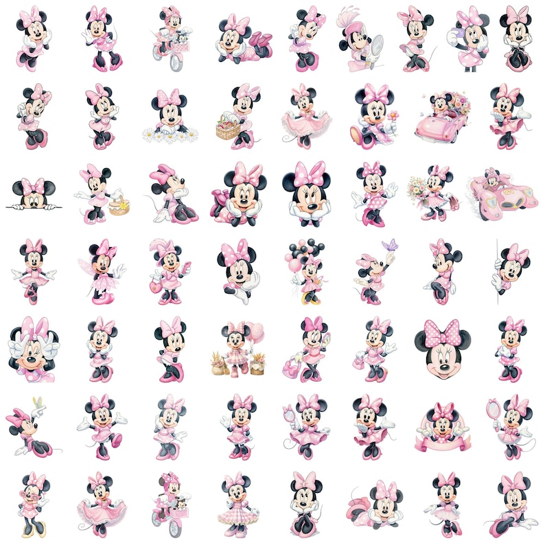 May include: A collection of numerous Minnie Mouse stickers featuring the character in various poses and outfits, predominantly in shades of pink, white, and black. Each sticker displays the character with her signature bow, dress, and shoes.