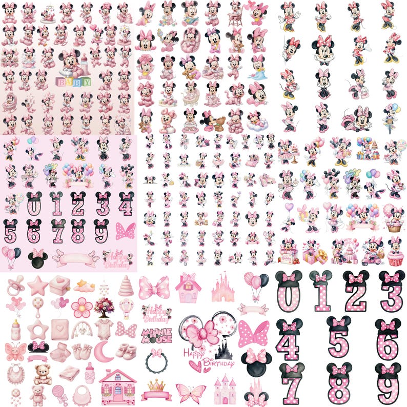 Puede incluir: Una colecci&oacute;n de ilustraciones digitales que muestran a Minnie Mouse en varias poses, accesorios para beb&eacute;s, lazos rosas y los n&uacute;meros del cero al nueve. Los gr&aacute;ficos incluyen paletas de colores rosa pastel, motivos de cumplea&ntilde;os y siluetas de castillos.