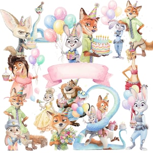 Op de afbeelding: Een verzameling Zootopia-personages in aquarel-stijl, waaronder vossen, konijnen, een slang en een spitsmuis, met feesthoedjes op en verjaardagstaarten, ballonnen en cadeaus in hun handen, rondom een leeg roze lint voor eigen tekst.