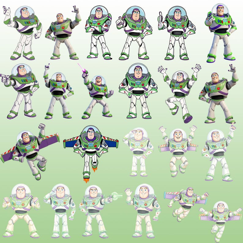 May include: A collection of twenty-three illustrations of the character Buzz Lightyear in various poses, wearing a white, green, and purple space suit with a clear helmet, some figures featuring extended wings, laser blasters, or saluting gestures.