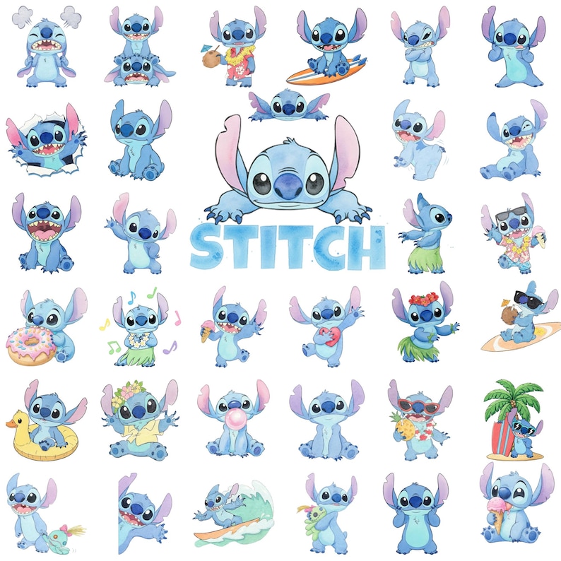 Puede incluir: Una colecci&oacute;n de pegatinas del personaje azul Stitch con varias poses y actividades, incluyendo surfear, comer helado, usar gafas de sol y bailar. La palabra STITCH est&aacute; impresa en letras azules grandes en el centro de la composici&oacute;n.