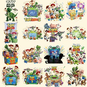 May include: A collection of sixteen colorful graphic illustrations featuring various Toy Story 5 characters including Woody, Buzz Lightyear, Rex, and Mr. Potato Head. The designs incorporate the Toy Story 5 logo, green frog-shaped frames, and confetti.