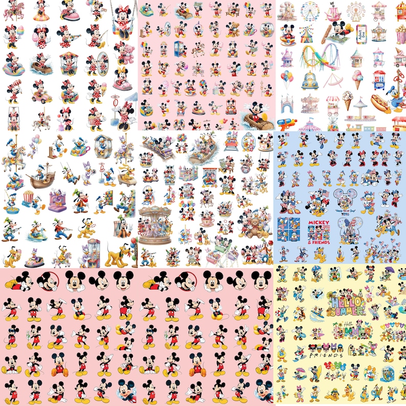 Puede incluir: Una colecci&oacute;n de pegatinas con Mickey Mouse, Minnie Mouse, Donald Duck y Pluto en varias poses, actividades y escenarios de parques de atracciones. Los dise&ntilde;os incluyen ilustraciones coloridas, temas de verano y texto como Mickey & Friends.