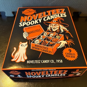 May include: A rectangular black box labeled Novelteez Spooky Candles featuring a witch holding a box of nine Halloween-themed candles. The box displays a white ghost, orange text, and the phrase 9 Candles Per Box. Novelteez Candy Co., 1958 is printed.