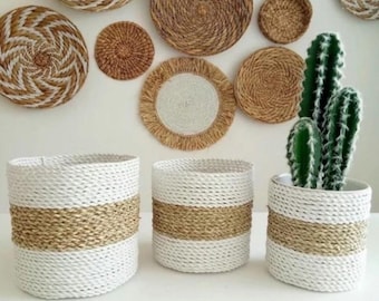 Lot de 3 paniers de jardinage tressés en jonc de mer naturel - Décoration d'intérieur