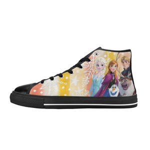 May include: High-top canvas sneaker featuring a colorful design with characters from the animated movie Frozen. The shoe has a black toe cap, black laces, and a black sole with a white stripe.