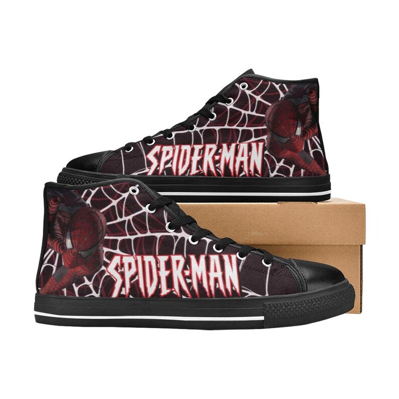 May include: High-top canvas sneakers featuring a Spider-Man design. The shoes have a black rubber sole and toe cap, with a burgundy and white web pattern and the words "SPIDER-MAN". The Spider-Man figure is in red.