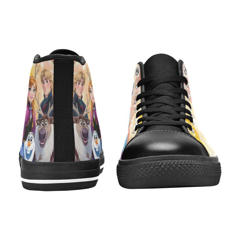 May include: High-top sneakers featuring characters from the animated film "Frozen." The shoes have a black sole and laces, with a colorful design on the sides. The back of the shoe features a black stripe.