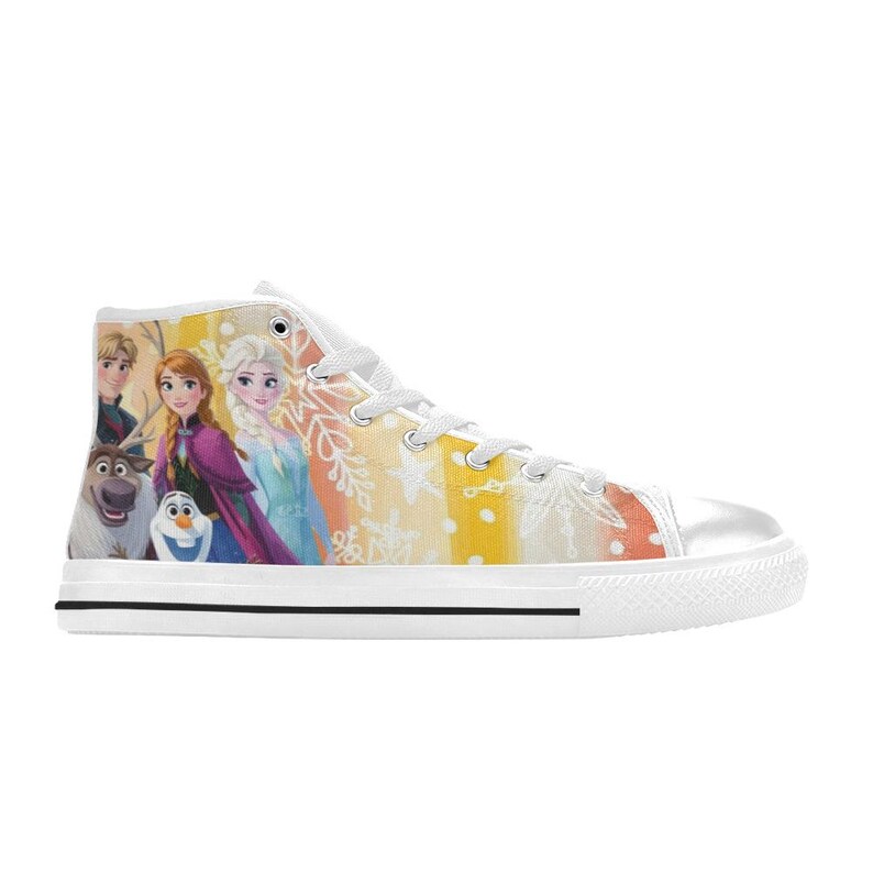 May include: White high-top canvas sneaker featuring a colorful design with characters from the animated movie. The shoe has a white rubber sole and toe cap, with a black stripe along the sole.