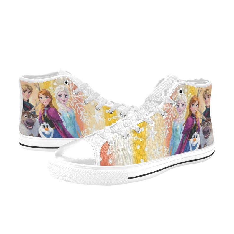 May include: White high-top sneakers featuring a colorful design with characters from the animated movie Frozen. The shoes have a white rubber sole, white laces, and a vibrant pattern of the characters on the sides.