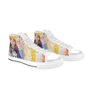 May include: White high-top sneakers featuring a colorful design with characters from a popular animated movie. The shoes have white laces, a white rubber toe cap, and a black stripe along the sole.