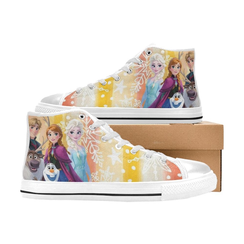May include: High-top canvas sneakers featuring a colorful design with characters from the animated movie Frozen. The shoes have a white rubber sole and laces, with a vibrant print of Elsa, Anna, Olaf, and Kristoff.