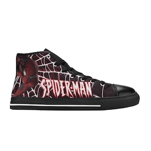 May include: High-top canvas sneaker featuring a Spider-Man design. The shoe has a black sole and laces, with a red and white graphic of Spider-Man and his web. The text "SPIDER-MAN" is displayed on the side.
