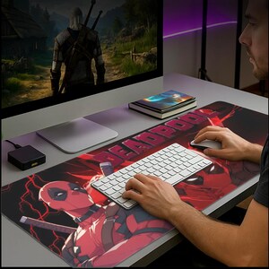 May include: A long rectangular mouse pad featuring Deadpool in a red and black design. The word "DEADPOOL" is prominently displayed. A white keyboard and mouse are on the pad, with a computer monitor in the background.