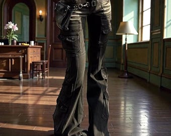 Vaqueros cargo negros de cintura baja con detalle de cuadros, efecto grunge Y2K