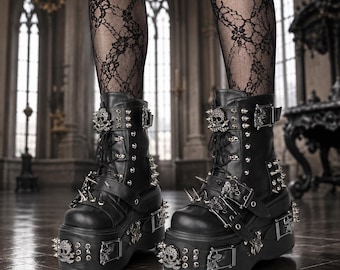 Goth Punk Platform Boots Women Skull Studded Lace Up Chunky Alt Fashion Shoes