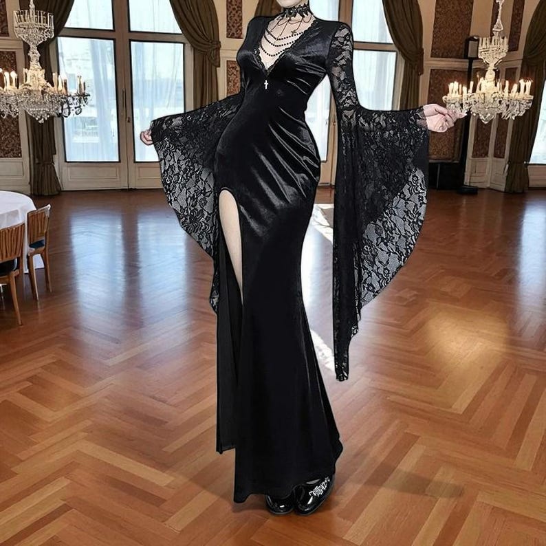 black long sleeve evening dresses Formal Stretch Long Dress for $85.0 – The Classic Dress Shoes Mourning Dress Victorian at Size:Child 12