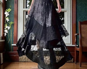 Gothic Lace Midi Skirt, Asymmetrical Layered Hem, Dark Academia Alt Fashion