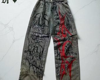 Amerikansk trend retro hiphop-byxa, broderimönster baggy jeans, present till män och kvinnor, Y2K Harajuku gotiska vida byxor, streetwear-mode