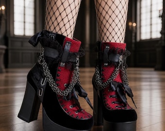 Goth platform enkellaarsjes ketting vetersluiting punk schoenen dames dikke hak Alt Fashion