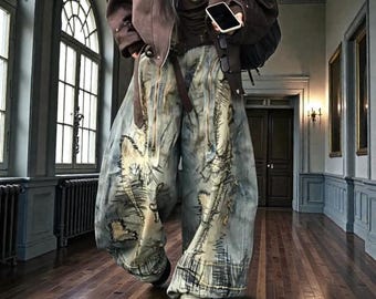Embroidered Wide Leg Jeans, Retro Wash Distressed Denim