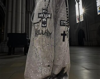 Gothic Punk Splatter Paint Jeans, Y2K Patched Wide Leg Denim
