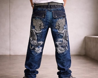 Y2K Embroidered Patchwork Baggy Jeans, Washed Blue Denim, Retro Streetwear Pants