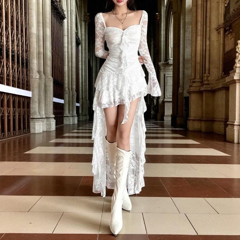 lace dresses for wedding guest A-Line Mother of the Bride Dress Wedding Guest Elegant Petite Jewel Neck Knee Length Chiffon Lace 3/4 Length Sleeve with Pleats Sequin main image 0