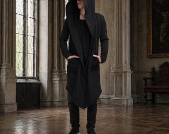 Abrigo cárdigan largo gótico con capucha para hombre, color negro, estilo gabardina, estilo urbano.