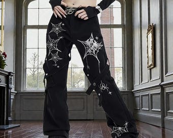 Flared denim broek met spinnenwebprint, retro streetstyle