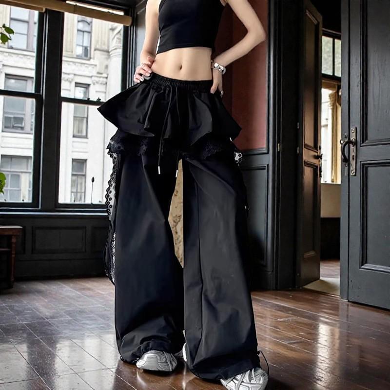 Y2K Black Lace Patchwork Cargo Pants, Harajuku Streetwear - Etsy