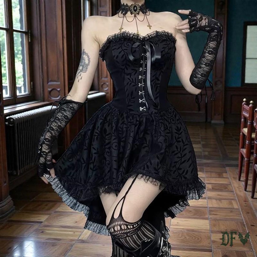modern victorian dresses Inspired Floral Corset Dress – Blackwidowlondon Size:6K women long dresses Green Nocturnal Moth Knee-Length