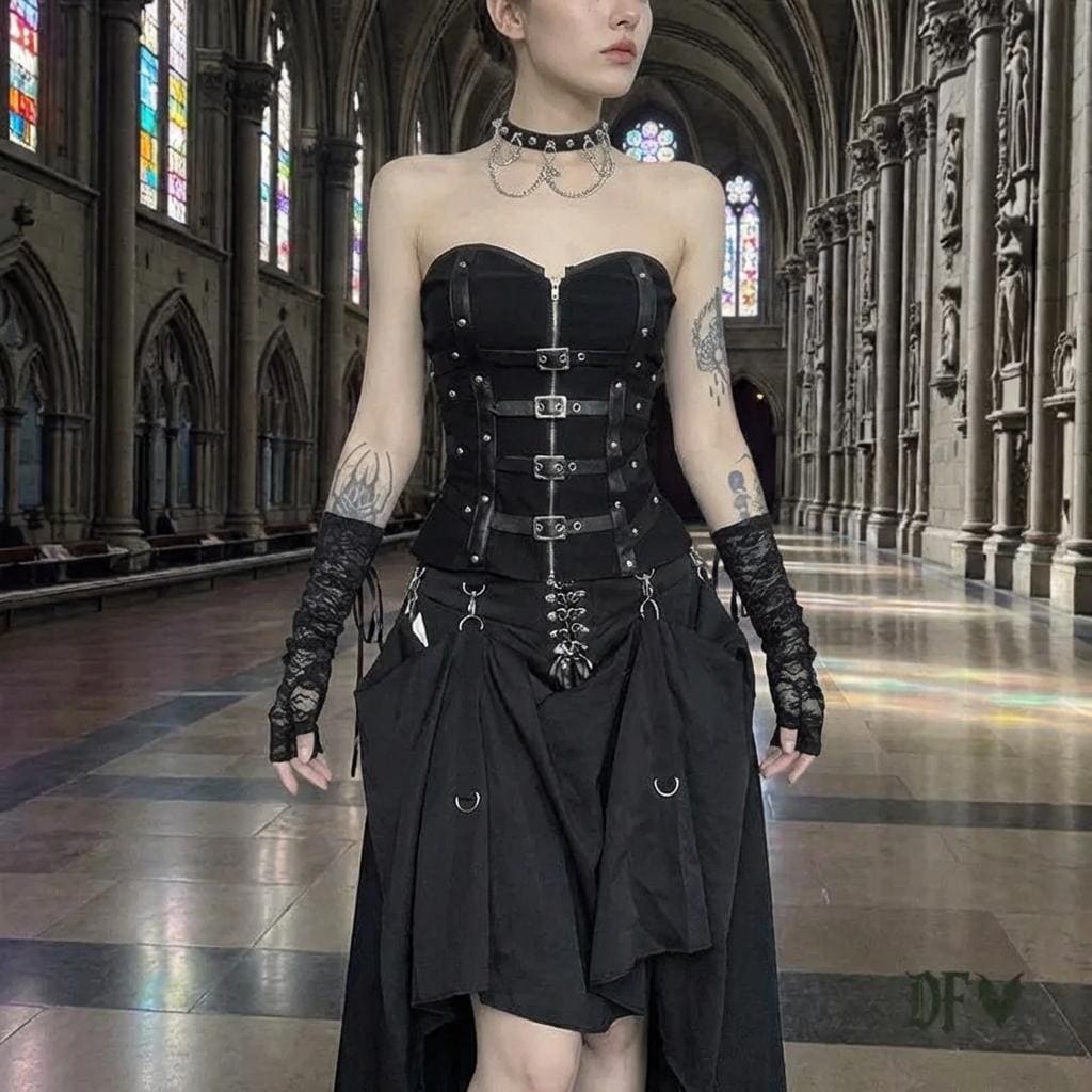 chinese dress ladies Punk Shiny PU Leather Layered Dress with Ruffled Lace main image 1