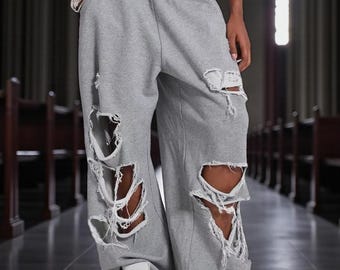 Gray Ripped Wide Leg Sweatpants, Y2K Hip Hop Joggers