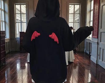 Harajuku Devil Horn Hoodie, Gothic Winged Pullover, Streetwear Top