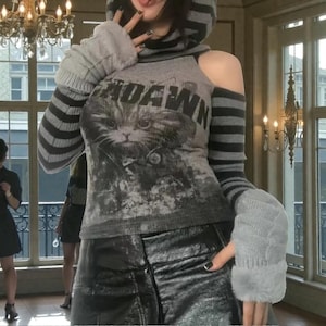 Gothic Cat Print Sweater, Striped Patchwork Pullover, Dark Clothing