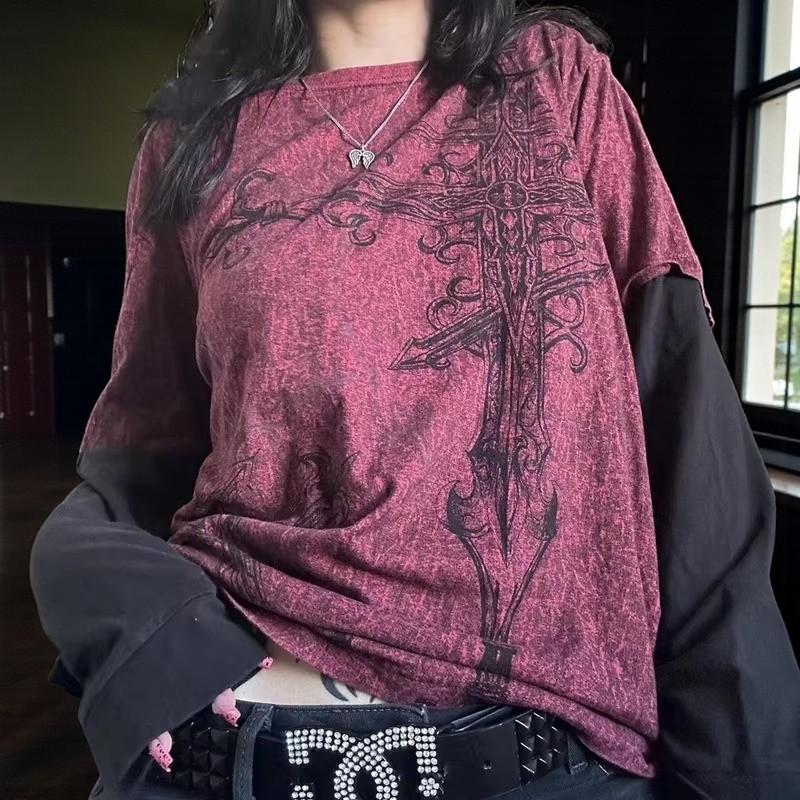 Y2K Grunge Cross Patchwork Long Sleeve T-shirt, Cyber Goth