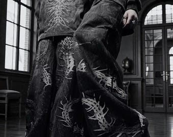 Pantalones vaqueros góticos de pierna ancha, pantalones góticos Y2K, vaqueros holgados bordados, pantalones de estilo streetwear, pantalones vaqueros punk, moda oscura, ropa gótica Harajuku.