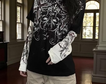Gothic Long Sleeve | Y2k Graphic Shirt | Black Button up