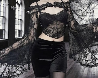 Gothic Black Lace Bolero Shrug, Patchwork Flare Sleeves