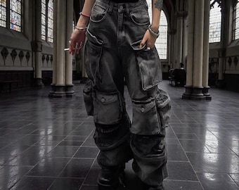 Y2K Goth Denim Cargo Pants Stacked Baggy Jeans, Dark Aesthetic Streetwear Trousers, Alternative Punk Gothic Urban Fashion