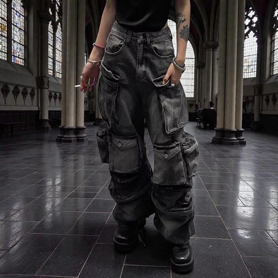 Y2K Goth Denim Cargo Pants Stacked Baggy Jeans, Dark Aesthetic