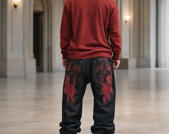 Gotiska broderade jeans Y2K-byxor med hög midja Retro streetwear-stil, vintage baggy fit denim, mörk urban mode, gotiska kläder