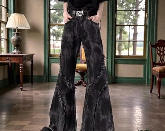 Y2K Black Flared Jeans, Vintage Hip Hop Denim, Streetwear Trousers