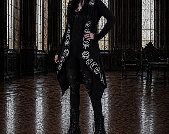 Gothic Moon Print Long Cardigan, Y2K Punk Hooded Sweater, Black Grunge Oversized Coat