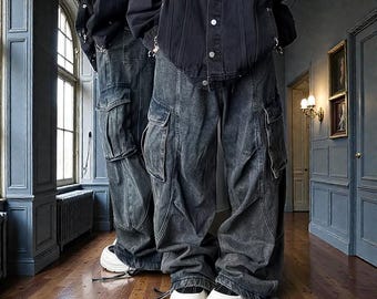 High Street Punk Denim Cargo Pants, Loose Hip-Hop Style