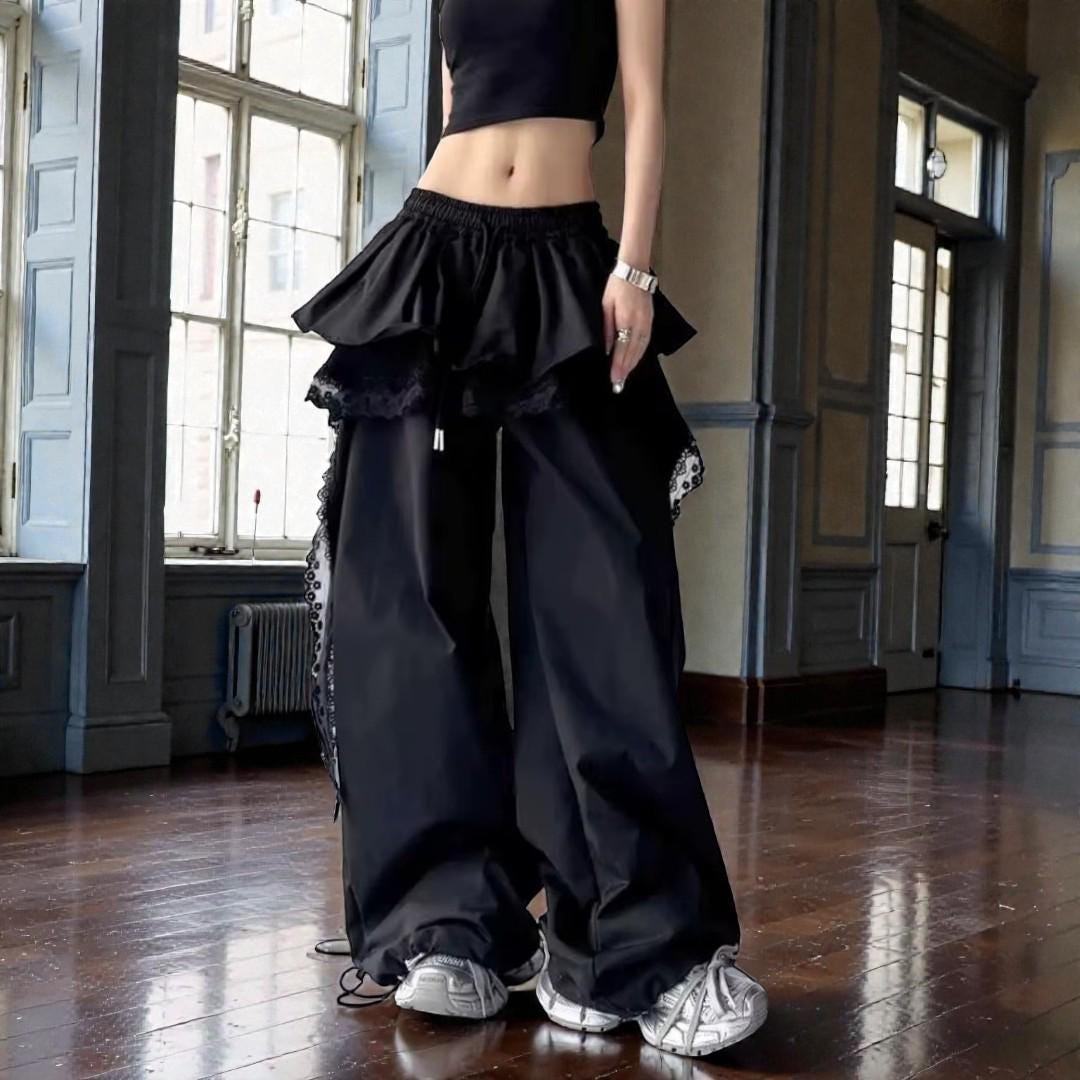 Y2K Black Lace Patchwork Cargo Pants, Harajuku Streetwear - Etsy